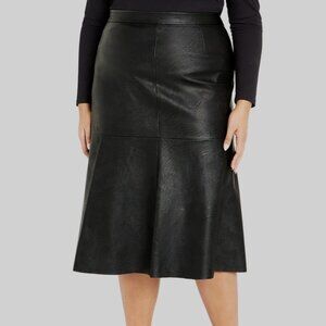 Avenue Faux Leather Skirt 24W | Black | High Rise Flared Midi | Luxe